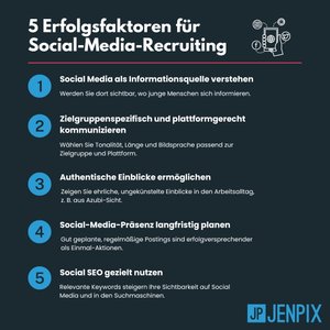 Grafik: 5 Erfolgsfaktoren für Nachwuchsgewinnung auf Social Media.